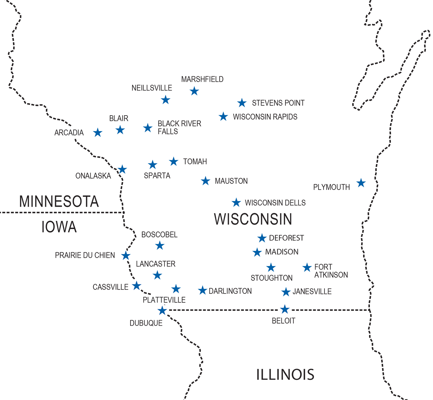 Map showing TRICOR locations in Wisconsin and Iowa
